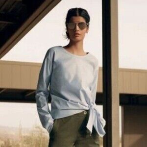 Theory Serah stretch cotton tie waist top‎ baby blue size S long sleeve